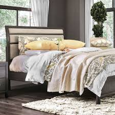The whole set includes strong secured wooden slats support system and study metal frame. Transitional Style Gray Queen Bed With Beige Upholstered Headboard