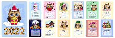 cute cartoon owl with beautiful eyes wall calendar design template for 2022 a4 format for each month week starts on sunday stock photo picture and royalty free image image 165673764