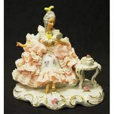 What is the value of a dresden lace figurine (victorian lady on love seat reading a book). Dresden Porcelain Germany Figures And Groups Price Guide And Values