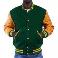 Varsity Base Men Jacket Kelly Green Wool Body Bright Gold Leather Sleeves Letterman Jacket