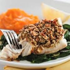 Almond Lemon Crusted Fish With Spinach Recipe Healthy Baked Fish Recipes Seafood Recipes Food