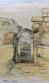 Old Ruins In Ancient Ephesus Penandink Watercolour Ancient Maps Watercolor Paintings Watercolor Journal