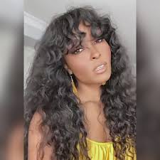 Zlike Curly Wave Wig With Bangs Natural Color Human Hair Glueless Wigs