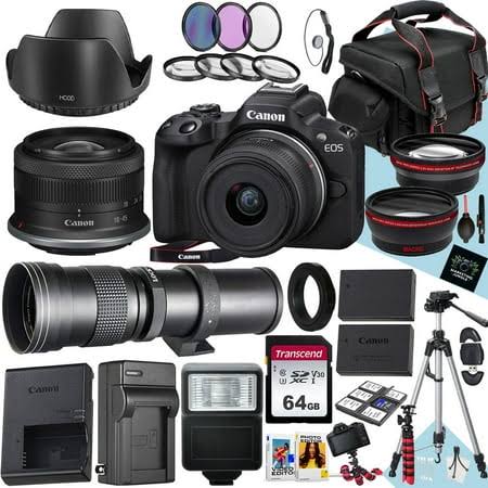 Canon EOS R50 Mirrorless Camera With Rf-s 18-45mm f/4.5-6.3 IS STM And 420-800mm f/8.3 HD Telephoto Zoom Lens + 64 GB Memory + Filters + Tripod + More