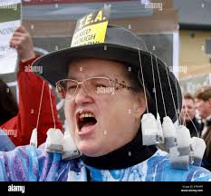 Tea bags swing from Patsy Burgess' hat as she and hundreds of tea party tax  protesters gather outside of the Federal building in Anchorage, Alaska