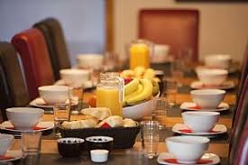 Coffee, milk, tea, juice, cookies white and brown breakfast dishware. Healthy Food Is A Continental Breakfast Or A Full English Breakfast
