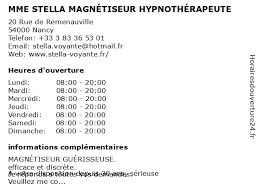 Établi à nancy, le cabinet pavis alain, expert en magnétisme traditionnel, vous propose ses consultations dans toute la commune d'hercé. á… Mme Stella Magnetiseur Hypnotherapeute Horaires D Ouverture 20 Rue De Remenauville A Nancy