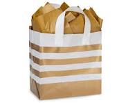 Metallic Gold Stripe Plastic Gift Bags, Hobo 10x6x10", 100 Pack