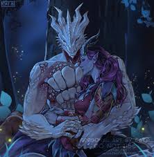 the dark urge (baldurs gate), baldurs gate, baldurs gate  3, absurdres, highres, 1boy, 1girl, alfira, artist name, breasts, cat  baiyun, dragon boy, furry, furry male, horns, large breasts, long hair,  looking at