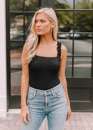 Ruffle Strap Tank Bodysuit Black On Sale Hand In Pocket