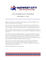 CITY OF MIDWEST CITY MEETINGS FOR APRIL 27, 2021