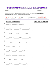 Types of reactions worksheet solutions balance the following equations and indicate the type of reaction taking place 1 3 nabr 1 h3po 4 1 na 3po 4 3 balancing chemical equations worksheet with answer key worksheets from worksheet word problems balancing equations and identifying. Chemical Reactions Synthesis And Decomposition Worksheet