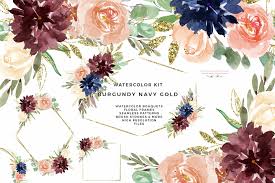 This set of 14 gold burgundy geometric digital paper set. Burgundy Navy Gold Watercolor Floral Pre Designed Photoshop Graphics Creative Market