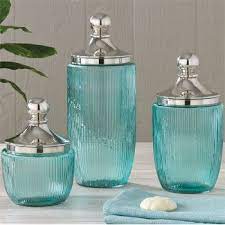Coastal Aqua Ribbed Glass Jar Set Teal Bathroom Accessories Aqua Bathroom Decor Turquoise Bathroom Decor
