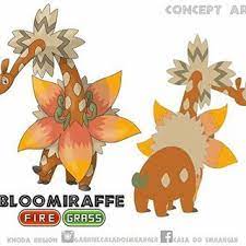 Bloomiraffe Fire Grass The Giraffe Thatched Cottage Pokemon Bloomiraffe Is The Girachaff S Evolution Pokemon Fakem Pokemon Pokemon Pokedex Pokemon Alola