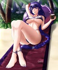 musanix, raiden shogun, genshin impact, absurdres, highres, 1girl, anklet,  beach, bikini, breasts, cup, day, feet, hair ornament, jewelry, large  breasts, long hair, looking at viewer, nail polish, open mouth, outdoors,  ponytail, purple