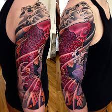 Red Koi And Purple Lotus Flower Tattoo Japanese Sleeve By Bardadim Koi Tattoo Sleeve Japanese Tattoos For Men Japanese Sleeve Tattoos