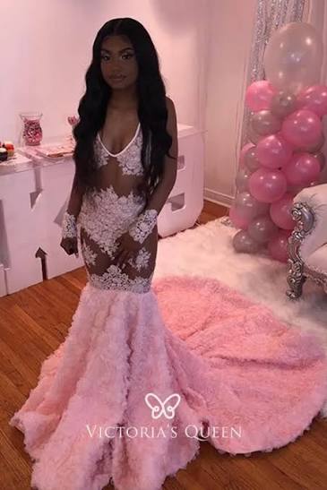 Sweet Sexy Sheer Pink Lace & 3D Rosette Prom Dress - VQ