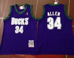 How about the double green 1980s uniforms? Men S Milwaukee Bucks 34 Ray Allen Purple Hardwood Classics Soul Swingman Throwback Jersey On Sale For Cheap Wholesale From China