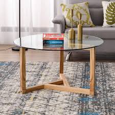 A glass table top over a graceful brown y, braced with white. Buy Round Coffee Table 35 Modern Glass Coffee Table Easy Assembly Tempered Glass Table For Living Room With Matural Wood Base Online In Turkey B07ts375hb