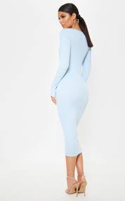 Baby Blue Ribbed Long Sleeve Cup Detail Midi Dress Blue Long Sleeve Dress Midi Dress Dresses