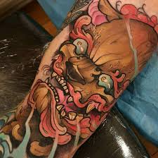 Neo Japanese Style Colored Arm Tattoo Of Mystical Demon Neo Tattoo Fresh Tattoo Foo Dog Tattoo