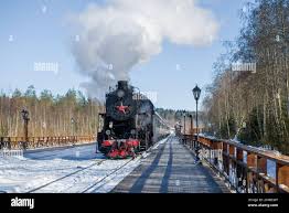 Ruskeala Russia March 10 2021 View Of The Ruskealsky Express Tourist Retro Train On The Ruskeala Mountain Park Station On A March Afternoon Stock Photo Alamy