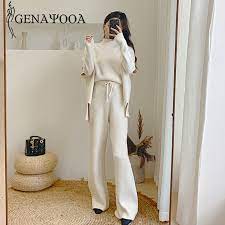 Genayooa Knitted 3 Piece Set Sweater Pants Woman 2019 Knitting Wide Leg Pants And Pullover Three Piece Suits Tracksuit Women Women S Sets Aliexpress