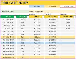 Employee Timesheet 2020 Excel Time Card Work Hours Calculator