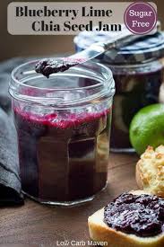 A Tangy Sugar Free Blueberry Jam Thickened With Chia Seeds And Flavored With Lime This No Pectin Jam I Sugar Free Jam Low Carb Sweets Blueberry Chia Seed Jam