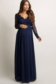 Navy Blue Scalloped Crochet Chiffon Maternity Evening Gown Maternity Bridesmaid Dresses Long Sleeve Maternity Dress Blue Maternity Dress