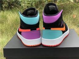Nike Air Jordan 1 Mid Black Multi Color Reflective Black Purple Green In 2020 Jordan Shoes Girls Nike Air Shoes Hype Shoes