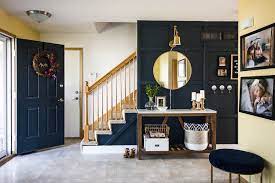 Our Modern Navy Small Entryway Makeover Small Stuff Counts Painted hale navy (a navy blue by benjamin moore), wisteria round mirror.