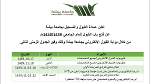 نسب القبول في جامعة تبوك لعام 1443. ØªÙˆÙŠØªØ± Ø§Ù„Ø¯ÙŠØ±Ø© On Twitter Ø£Ø¹Ù„Ù†Øª Ø¹Ù…Ø§Ø¯Ø© Ø§Ù„Ù‚Ø¨ÙˆÙ„ ÙˆØ§Ù„ØªØ³Ø¬ÙŠÙ„ Ø¨Ø¬Ø§Ù…Ø¹Ø© Ø¨ÙŠØ´Ø© Ø¹Ù† ÙØªØ­ Ø¨Ø§Ø¨ Ø§Ù„Ù‚Ø¨ÙˆÙ„ Ù„Ù„Ø¯Ø±Ø§Ø³Ø© Ø¨Ù…Ø±Ø­Ù„Ø© Ø§Ù„Ø¨ÙƒØ§Ù„ÙˆØ±ÙŠÙˆØ³ Ù„Ù„Ø¹Ø§Ù… Ø§Ù„Ø¬Ø§Ù…Ø¹ÙŠ 1439 1440Ù‡Ù€ Ø§Ø¨ØªØ¯Ø§Ø¡ Ù…Ù† ÙŠÙˆÙ… Ø§Ù„Ø£Ø­Ø¯ 17 Ø´ÙˆØ§Ù„ 1439Ù‡Ù€ ÙˆØ­ØªÙ‰ ÙŠÙˆÙ… Ø§Ù„Ø§Ø«Ù†ÙŠÙ† 10