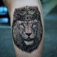 Detailed Lion With Crown Guys Leg Calf Tattoo Tattoos Crown Tattoo Men Tattoos For Guys