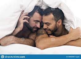 Hand sch ttelte, gestand sie ungefragt: Ein Hubsches Paar Der Homosexuellen Manner Auf Bett Zusammen Stockfoto Bild Von Glucklich Verhaltnis 130466490