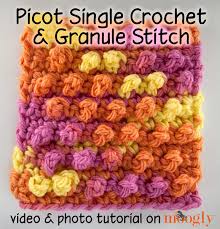 Hi i'm candy from meladora's creations and i design crochet patterns and film them for my youtube channel. Picot Single Crochet Granule Stitch Moogly