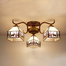 Living Room Semi Flush Ceiling Light Glass 3 Lights Rustic Style Deer Pattern Ceiling Fixture Takeluckhome Com