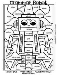 Help your student remember four categories of nouns, person, place, animal, and thing all created in a fun fall and halloween theme. Grammar Robots Parts Of Speech Grammar Mosaic Color By Part Of Speech Parts Of Speech Worksheets Part Of Speech Grammar Parts Of Speech