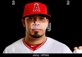 Los Angeles Angels' Jose Alvarez throws during the fifth inning of a spring  training baseball game against the Milwaukee Brewers Thursday, March 5,  2015, in Tempe, Ariz. (AP Photo/Morry Gash Stock Photo -