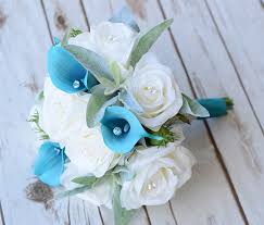 Wedding flowers, garlands, gift bouquets, wedding decorations Natural Touch Off White Teal Calla Lily And Roses Garden Boho Silk Wedding Bouquet