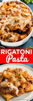 This Easy Baked Rigatoni Pasta Is Made With A Homemade Tomato Based Meat Sauce And Tons Of Mozzarella Cheese Spend Baked Rigatoni Pasta Dishes Rigatoni Pasta