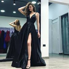 Prom Dress A Line V Neck Floor Length Black Satin With Split Front Backless Prom Dresses Custom Prom Dress Black Prom Dresses