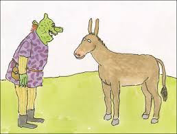 A stream of light cuts through the darkness illuminating the book opens revealing a picture of lovely princess. Shrek By William Steig