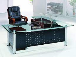 Contemporary Glass Office Table Top L Shaped Executive Designs With Black Vinyl Director Swivel Office Table Design Home Office Design Office Table And Chairs