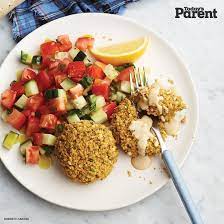 Baked Falafel Nuggets With Tomato Cucumber Salad Today S Parent Recipe Vegetarian Recipes Dinner Vegetarian Recipes Baked Falafel