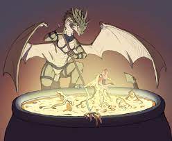 92934 - grimdark, artist:theguron, dragon, fictional species, reptile,  scaled dragon, anthro, cauldron, duo, gold, molten metal, webbed wings,  wings - Furbooru
