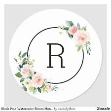 Pegatina Redonda Monograma De Coloracion De Color Rosa Rubor Zazzle Com In 2020 Floral Logo Design Line Art Drawings Flower Letters