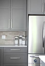 Benjamin Moore Amherst Gray Painted Cabinets Driftwood Backspash In Subway Tile Layout Kylie Grey Painted Kitchen Kitchen Remodel Small Grey Kitchen Cabinets
