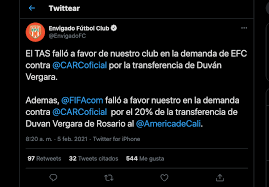 Duvan vergara goza de un gran presente en el américa de cali, sus grandes actuaciones lo han vuelto a poner en el marco internacional, donde ya ha estado en más de una ocasión; Envigado Demando A Rosario Central Ante El Tas El Tribunal Fallo A Su Favor Y Recibira Millonaria Suma Por El Traspaso De Duvan Vergara Infobae